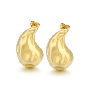 Gold stainless steel teardrop C-shape earrings with hammered texture for women