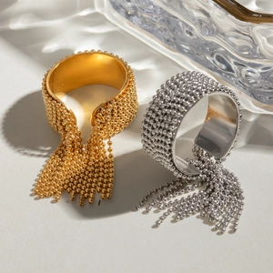 Luxurious stainless steel tassel open rings in gold and silver with textured beads