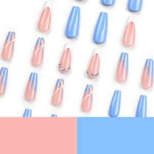 Blue and pink long coffin press-on nails set with french tips, glitter and rhinestones