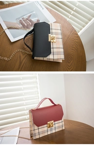 Detail of plaid crossbody bags with gold chain straps and twist-lock in black and burgundy