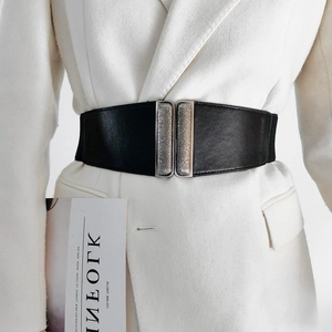 Women Wide Corset Waist Belt Elastic PU Leather Retro Silver Metal Carved Interlock Buckle Vintage Cinch Waistband For Dresses