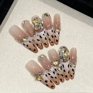 Handmade Press On Nails Stiletto Long Leopard Print Rhinestone Maillard Nude French Tip Spicy Girl Style