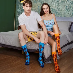 Classic Argyle pattern crew socks for couples featuring ribbed cuffs in warm color tones
