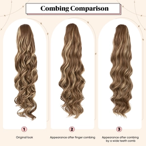 Water wave drawstring ponytail hair extension combing comparison in light brown blonde
