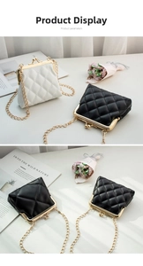 Detail view of mini quilted crossbody bags with metal clasp and gold chain straps