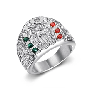 Religious Virgin Mary ring in stainless steel with colorful crystals and vintage relief