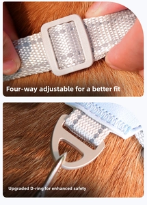 Detail of adjustable buckles and reinforced metal D-ring on the reflective dog harness