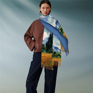 Famous Oil Painting Art Print Imitation Cashmere Scarf For Women Winter Warm Tassel Shawl Wrap Retro Artistic Pashmina Accessory