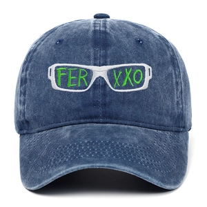 Navy blue washed denim baseball cap with white glasses and green FERXXO embroidery