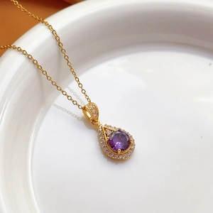 Water drop titanium steel necklace with purple amethyst and gold chain for women