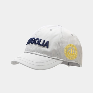 Detail of light gray baseball cap with blue embroidery and metal adjustment buckle
