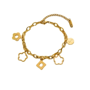 Bracelet doré en acier titane avec breloques fleurs et pendentif pièce Lucky