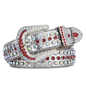 Detail view of Western style belt with sparkling AB and red rhinestones on metal buckle