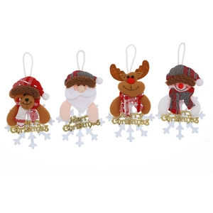 Christmas plush ornaments set featuring Santa, reindeer, and snowman on snowflake bases