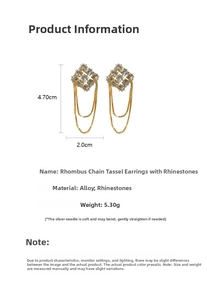 Detailed view of diamond-set rhombic fringe earrings with gold-tone chain and measurements