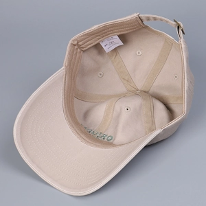 Inside view of khaki cotton baseball cap showing stitching, sweatband and metal buckle