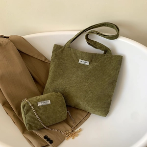 Corduroy Tote Bag And Mini Chain Crossbody Purse Large Capacity Letter Patch Minimalist Retro Aesthetic Daily For Women