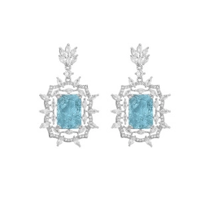 Detailed close-up of silver-tone drop earring featuring a rectangular light blue gemstone