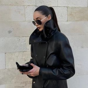 Veste En Similicuir Pour Femme Manteau Col Montant Double Boutonnage Taille Cordon Streetwear Cool Manches Longues