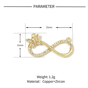 Detail view of infinity butterfly charm connector with zircon inlays and copper gold plating