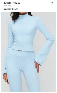 Detail of water ripple blue yoga set with stand collar jacket and flared sleeve design