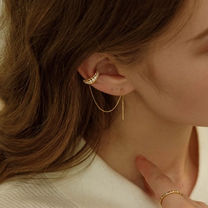 Elegant gold bow earrings with fringe chain and matching minimalist ring for women