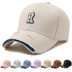 Baseball Cap Cotton Distressed Frayed Brim Letter R Embroidery Adjustable Sun Hat Streetwear For Men Women