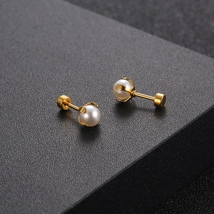 Minimalist titanium steel stud earrings with small pearls and golden base for women