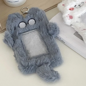 Gray plush cat card holder with glasses and metal clip for idol photocard protection