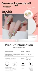 Détails de 24 faux ongles cœur vert dégradé avec spécifications du matériau ABS