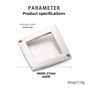 Macro detail of 37mm stainless steel square frame pendant with mounting holes and dimensions