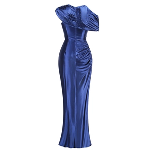 Detailed view of royal blue satin evening gown featuring sparkling rhinestone shoulder trim