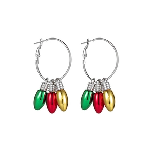 Festive Christmas bulb earrings featuring red, green, and gold pendants on metal hoops