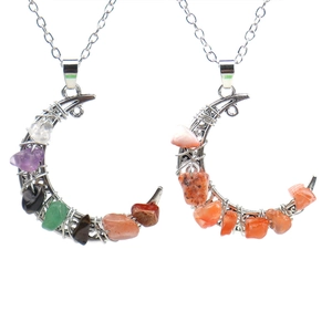Crescent Moon Pendant Necklace Natural Crystal Gravel Healing Stone Wire Wrapped Handmade Bohemian Jewelry For Women