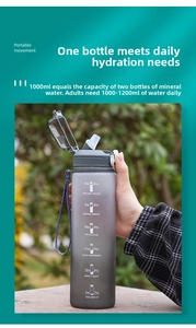 Close-up of 1000ml sports water bottle with time markers and gradient frosted texture