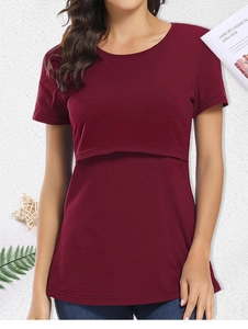 Short sleeve nursing top in deep red featuring functional double-layer nursing access