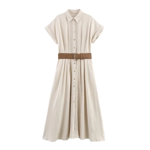 Women Short Sleeve Shirt Dress Lapel Neck Button Down Midi Length With Belt Pleated High Waist Imitation Linen Casual