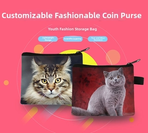 Detail of cute cat printed coin purses with durable black zippers and digital patterns