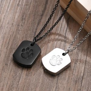 Stainless Steel Pet Urn Necklace For Ashes Dog Paw Print Cremation Jewelry Openable Pendant Memorial For Men