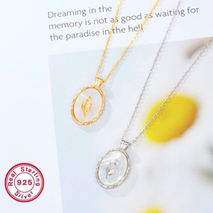 Vintage S925 silver tulip necklace with mother of pearl shell pendant in gold and silver