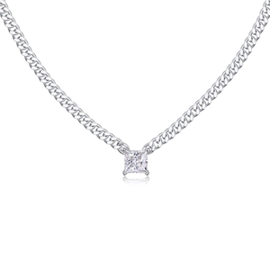 S925 sterling silver Cuban chain necklace with a square moissanite pendant on white background