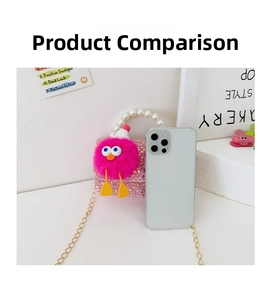 Pink sequin mini bag size comparison with pearl handle and plush monster decor