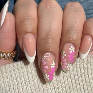 Press On Nails White French Almond Shape Flower Bow Design Sweet Artificial False Fingernails For Women