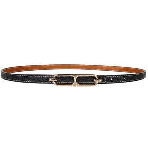 Minimalist black and brown double-sided leather belt with oval golden metal buckle for women