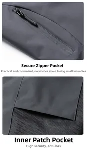 Detail of grey waterproof jacket featuring secure zipper pockets and interior mesh storage