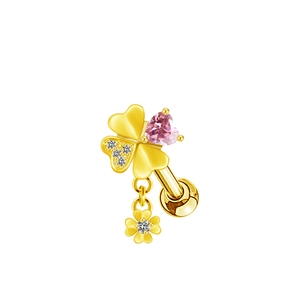 Pink zircon clover tragus piercing stud with heart stone and mini dangling clover pendant