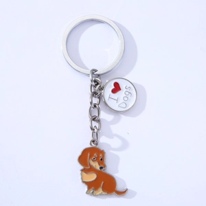 Detail of dachshund enamel keychain with I Love Dogs charm and silver-tone ring