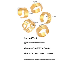 Macro detail of gold plated titanium steel rings set featuring geometric textured patterns