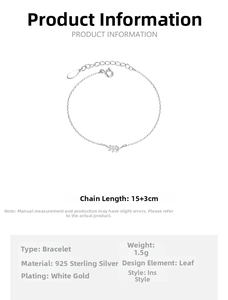 Detailed spec view of a 925 sterling silver leaf bracelet with 15 plus 3cm chain length