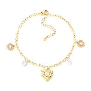 Golden stainless steel heart anklet with heart pendants and sparkling teardrop crystals